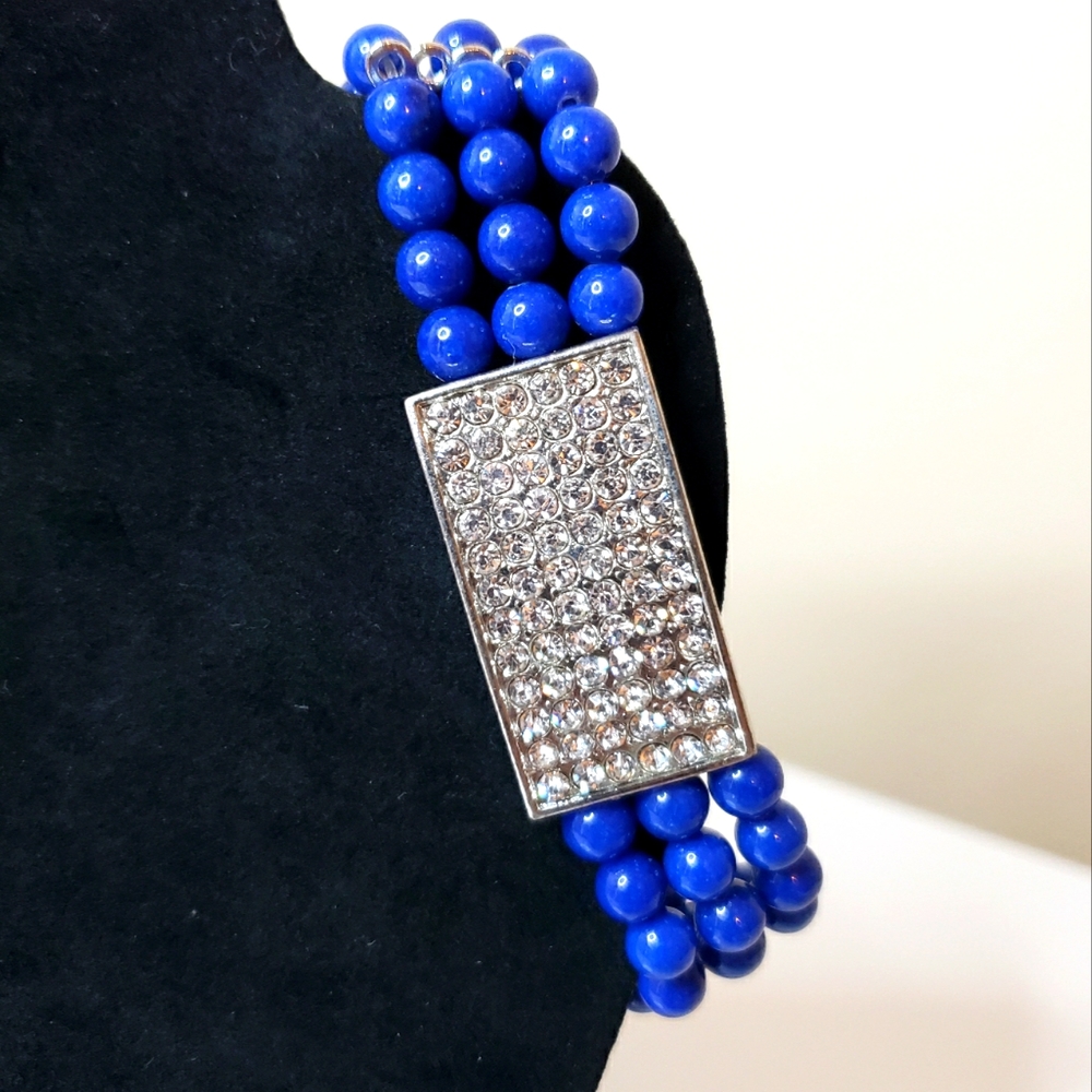 Handmade Blue Silver Tone Rhinestone Beaded Elastic Bracelet
